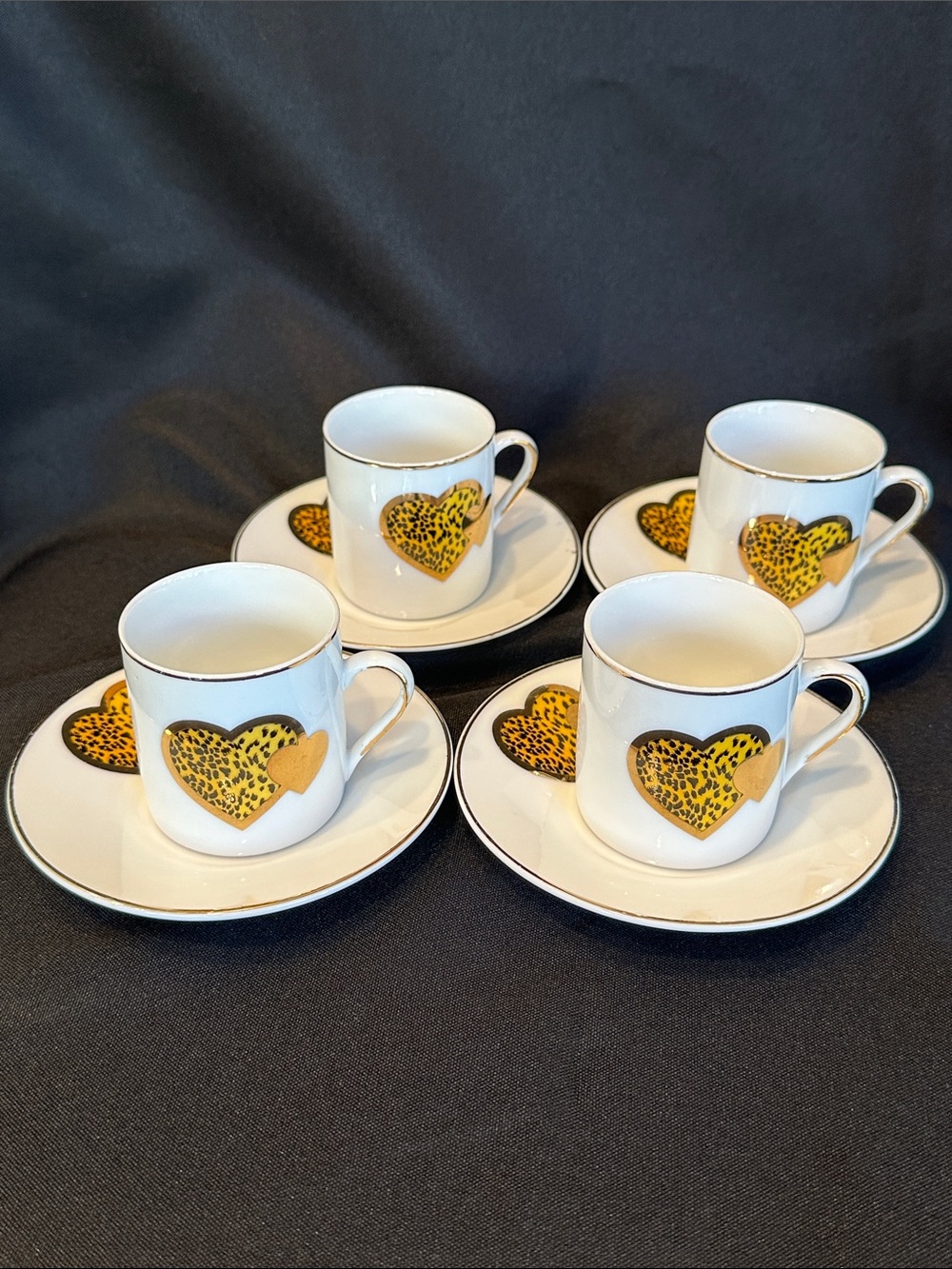 4 Sets of Fine Porcelain Espresso Cups & Saucers with Gold Foil Leopard Hearts